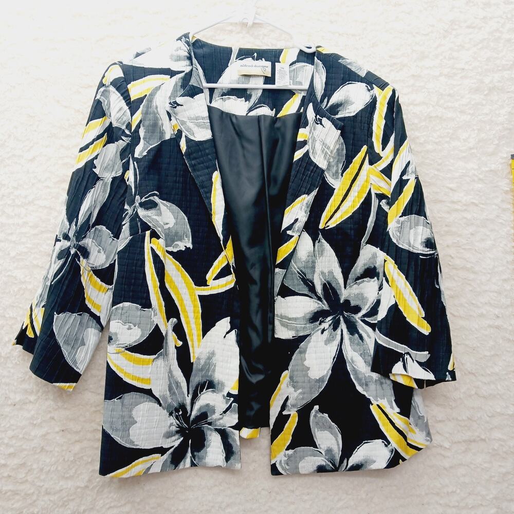 Jacket Women Alfred Dunner Lined Black Yellow Tropical Lily Textured Size 16W
